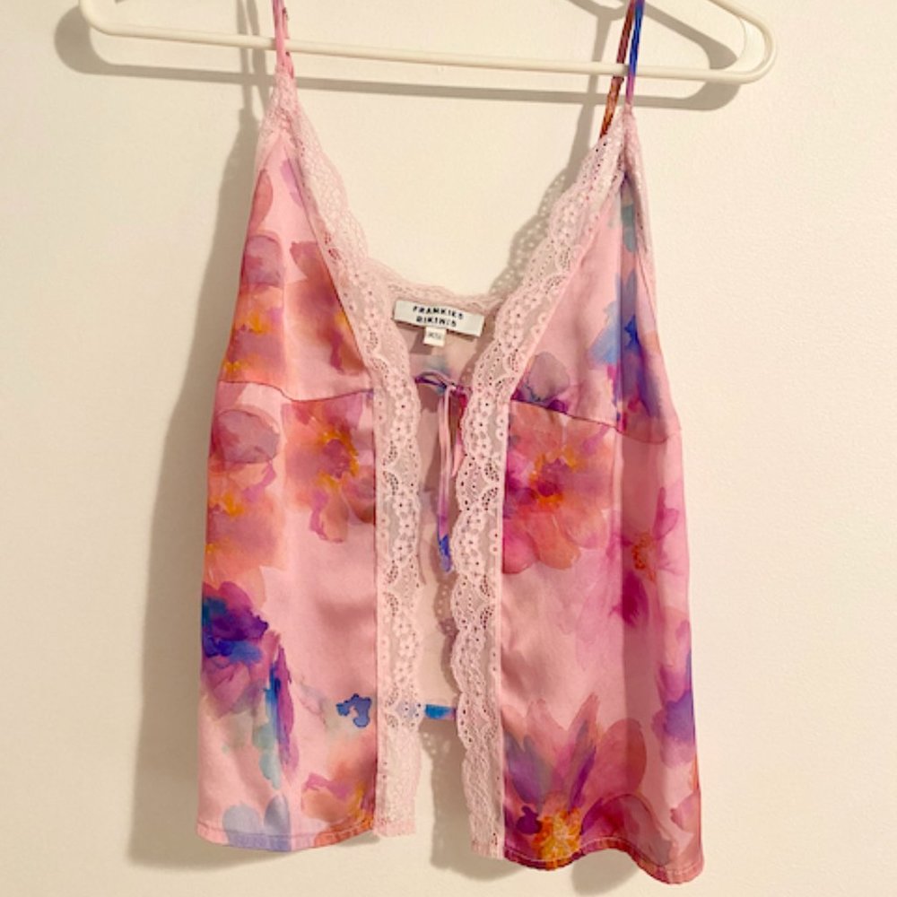 Frankies Bikinis Juliet Lace Silk Cami Top Watercolor Floral Pink